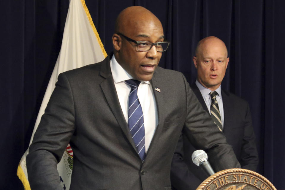 FILE - In this Feb. 11, 2019 file photo, Illinois Attorney General Kwame Raoul speaks during a news conference in Chicago. Three Democratic attorneys general on Jan. 3, 2022, sought to persuade a federal appeals court to revive a lawsuit to force the federal government to recognize Virginia's 2020 vote to ratify the Equal Rights Amendment, and add it to the Constitution. Virginia Attorney General Mark Herring, Nevada Attorney General Aaron Ford and Raoul argued in court papers that a district court's dismissal of the case must be reversed to vindicate their states' "sovereign prerogative to ratify amendments that bring our foundational document in line with our Nation's values." (AP Photo/Noreen Nasir, File)