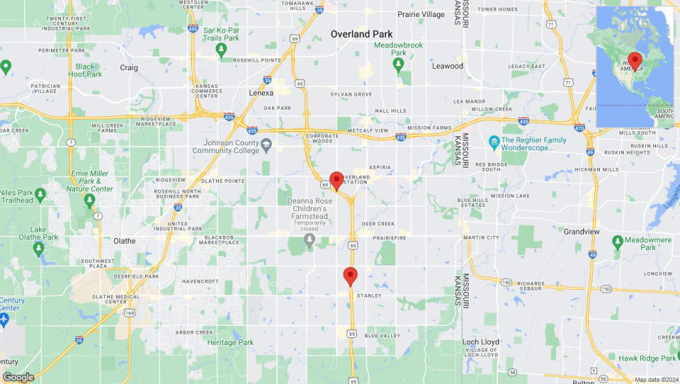 A detailed map that shows the affected road due to 'Lane on US-69 closed in Overland Park' on January 2nd at 4:46 p.m.