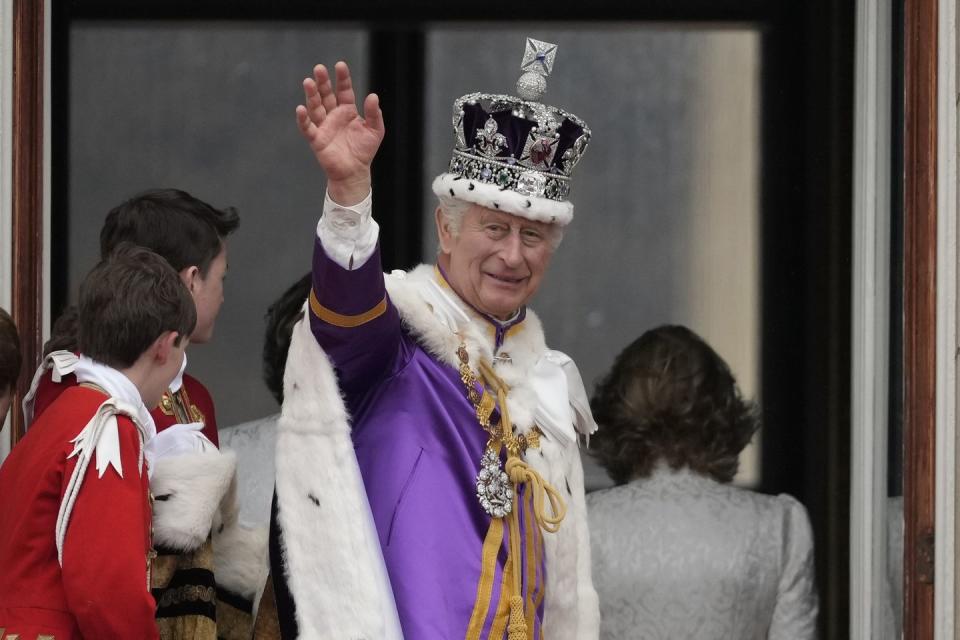 london, england may 06 king charles iii waves from the buckingham palace balcony during the coronation of king charles iii and queen camilla on may 06, 2023 in london, england the coronation of charles iii and his wife, camilla, as king and queen of the united kingdom of great britain and northern ireland, and the other commonwealth realms takes place at westminster abbey today charles acceded to the throne on 8 september 2022, upon the death of his mother, elizabeth ii photo by christopher furlonggetty images