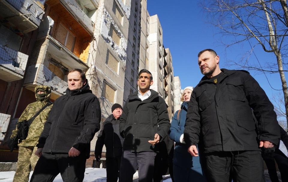 Sunak is shown damaged buildings in Kyiv ahead of his meeting with Zelensky (PA)