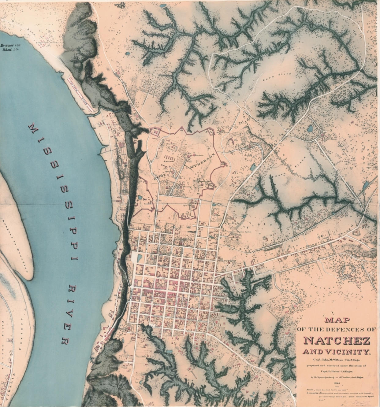 An engraving titled: Map of the Defences of Natchez and vicinity.