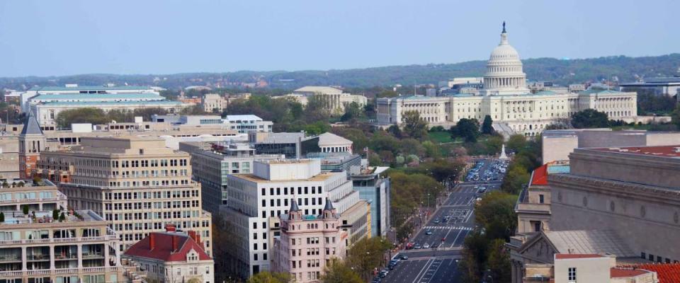 Washington DC aerial view with capitol hill building and street