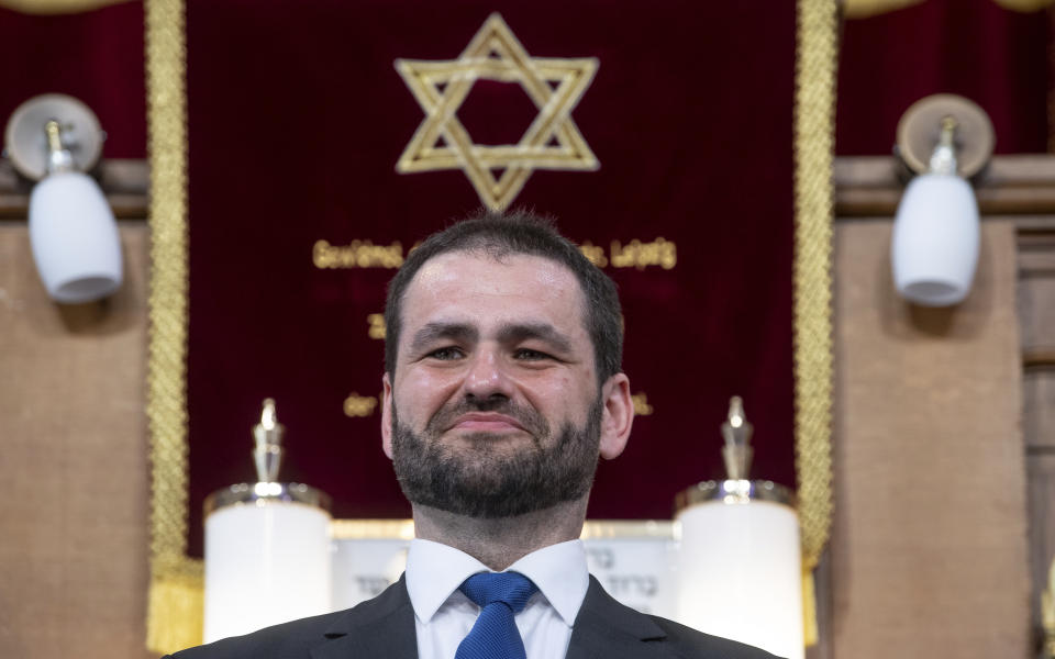 Zsolt Balla, State Rabbi of Saxony, stands in the synagogue in Leipzig, Germany, Monday June 21, 2021, after his induction into the office of Military Rabbi of the Armed Forces. The German military got its first rabbi in over a century on Monday, with the inauguration to the post of Hungarian-born Zsolt Balla at a synagogue in Leipzig. (Hendrik Schmidt/dpa via AP)