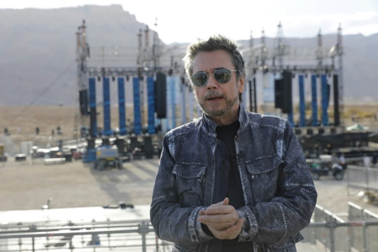 French electronic music pioneer Jean-Michel Jarre speaks during an interview as he prepares for his upcoming concert to publicise the plight of the shrinking Dead Sea at the ancient clifftop fortress of Massada, on April 2, 2017