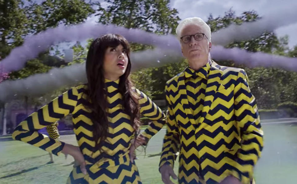 Tahani and Michael are confused why they're suddenly wearing chevron