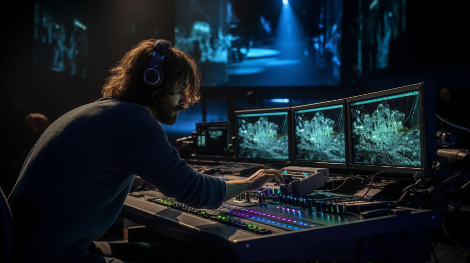 An artist at a sound stage surrounded by the latest equipment, creating content for the major cable network programming.