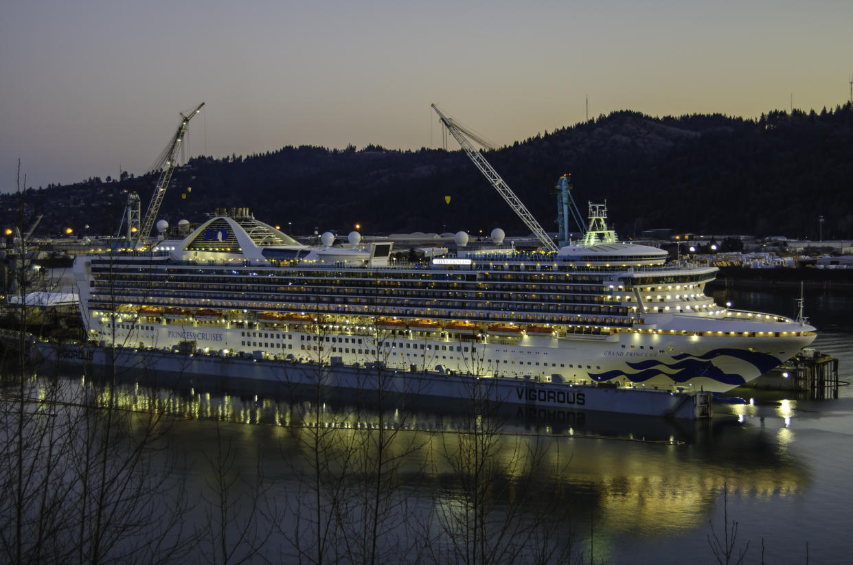 Renewed Princess Cruises ship “Grand Princess” on its last night in dry dock in Portland, Oregon. Vigorous shipyard.