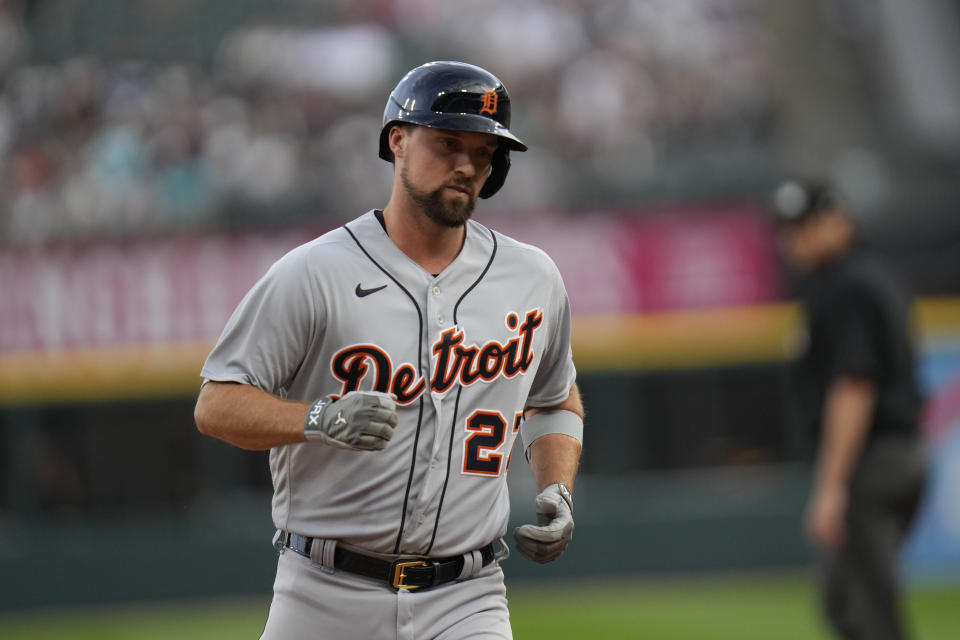 Detroit Tigers' Andre Lipcius runs the bases after hitting a home run during the first inning of a baseball game against the Chicago White Sox, Saturday, Sept. 2, 2023, in Chicago. (AP Photo/Erin Hooley)