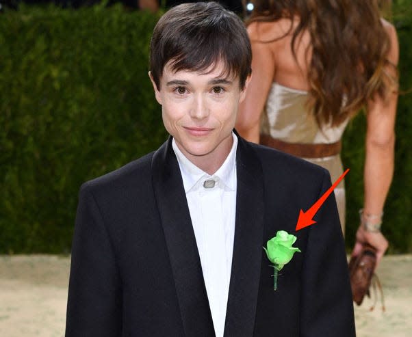 Elliot Page at the Met Gala with an arrow drawn to the green flower on his suit