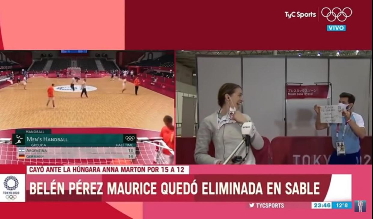 Argentinian fencer María Belén Pérez Maurice was asked by her coach and partner Lucas Guillermo Saucedo to marry him in the middle of an interview (Screengrab/ TYC Sports)