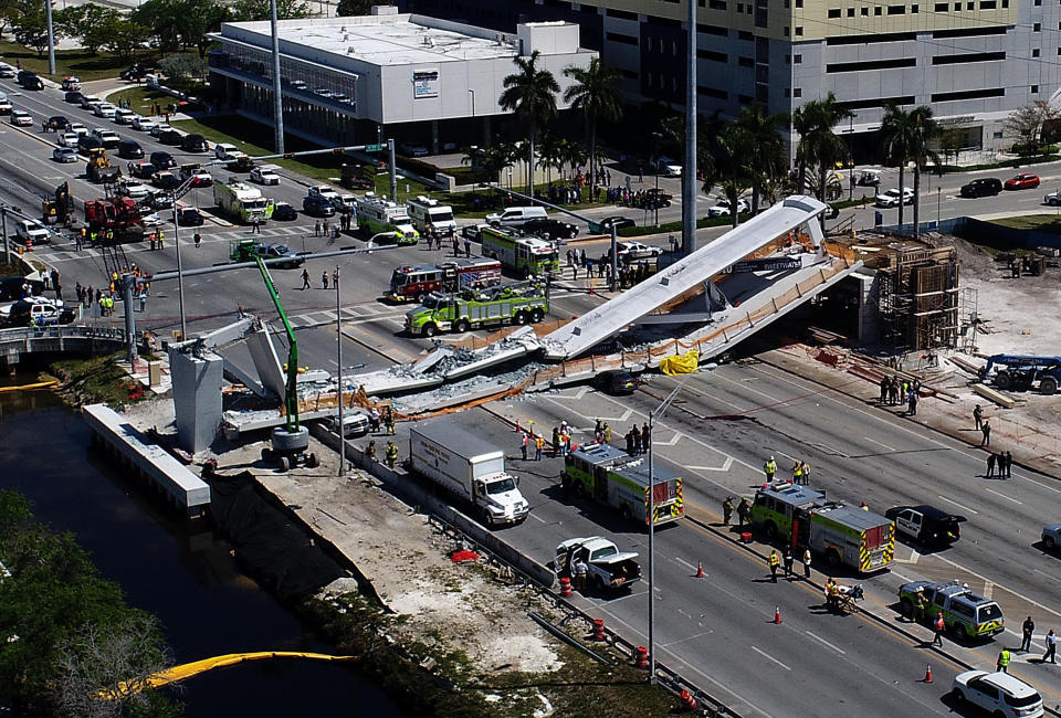 View of the main span of the FIU-Sweetwater UniversityCity Bridge&nbsp;that&nbsp;collapsed five days after&nbsp;it was&nbsp;installed.