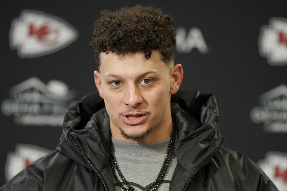Kansas City Chiefs quarterback Patrick Mahomes speaks at a news conference after an NFL wild-card playoff football game against the Miami Dolphins Saturday, Jan. 13, 2024, in Kansas City, Mo. (AP Photo/Charlie Riedel)