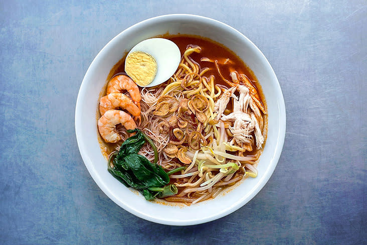 A bowl of flavourful Penang prawn mee made with Trupaste soup paste.