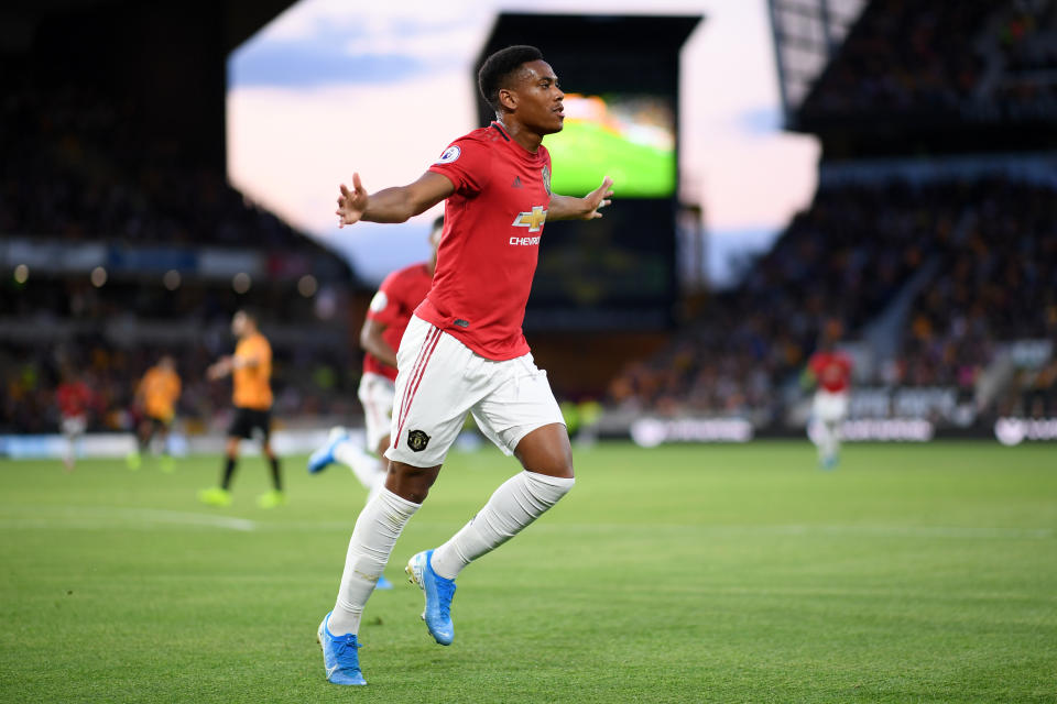 Anthony Martial celebrates opening the scoring at Molineux. (Credit: Getty Images)