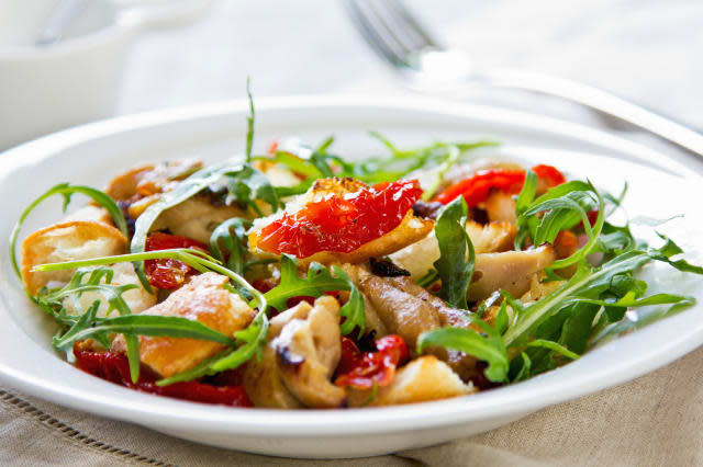 Chicken with sun dried tomato, rocket and crouton salad.