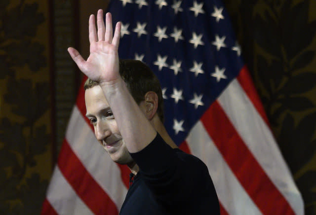 Facebook founder Mark Zuckerberg waves after speaking at Georgetown University in a 'conversation on free expression in Washington, DC on October 17, 2019. (Photo by ANDREW CABALLERO-REYNOLDS / AFP) (Photo by ANDREW CABALLERO-REYNOLDS/AFP via Getty Images)