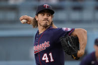 Minnesota Twins starting pitcher Joe Ryan throws to the plate during the first inning of a baseball game against the Los Angeles Dodgers Tuesday, Aug. 9, 2022, in Los Angeles. (AP Photo/Mark J. Terrill)