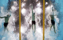 LONDON, ENGLAND - JULY 31: (L-R) Brent Hayden of Canada, James Magnussen of Australia and Fabien Gilot of France compete in the Men's 100m Freestyle heat 8 on Day 4 of the London 2012 Olympic Games at the Aquatics Centre on July 31, 2012 in London, England. (Photo by Adam Pretty/Getty Images)