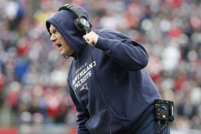 New England Patriots head coach yells towards officials during the first half of an NFL football game against the Buffalo Bills, Sunday, Dec. 26, 2021, in Foxborough, Mass. (AP Photo/Winslow Townson)