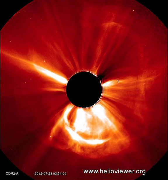 NASA's Solar TErrestrial RElations Observatory (STEREO) spacecraft observed this fast-moving coronal mass ejection on July 23, 2012. Because the CME is headed in STEREO's direction, it appears like a giant halo around the sun.