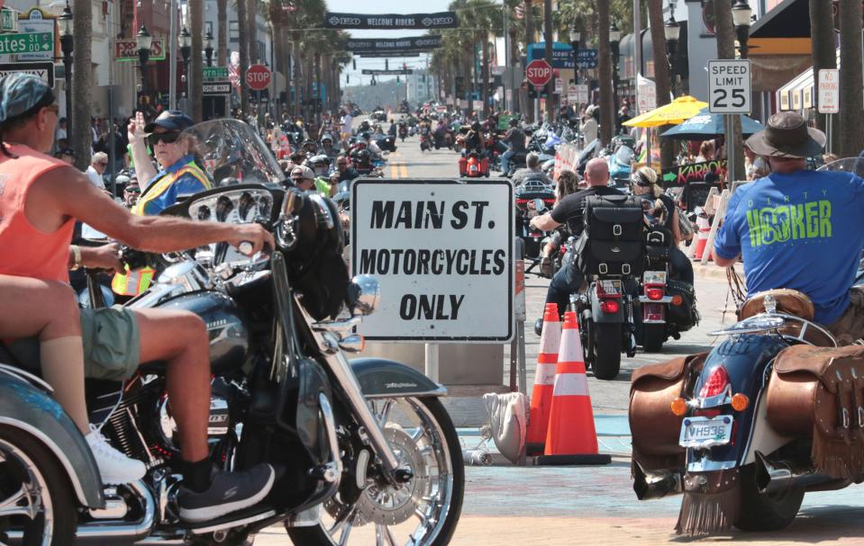 Bikers crowd Main Street in Daytona Beach on the opening day of Bike Week in 2023. This year's annual motorcycle gathering runs from March 1-10 in Daytona Beach and throughout Volusia County.