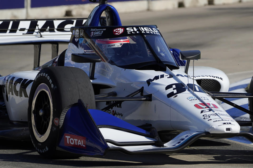 Takuma Sato drives during practice for the IndyCar Detroit Grand Prix auto racing doubleheader on Belle Isle in Detroit, Friday, June 11, 2021. (AP Photo/Paul Sancya)