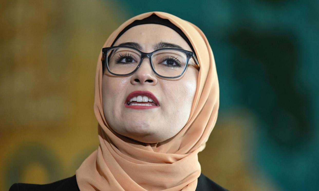 <span>Fatima Payman at her media conference in Canberra yesterday.</span><span>Photograph: Lukas Coch/AP</span>