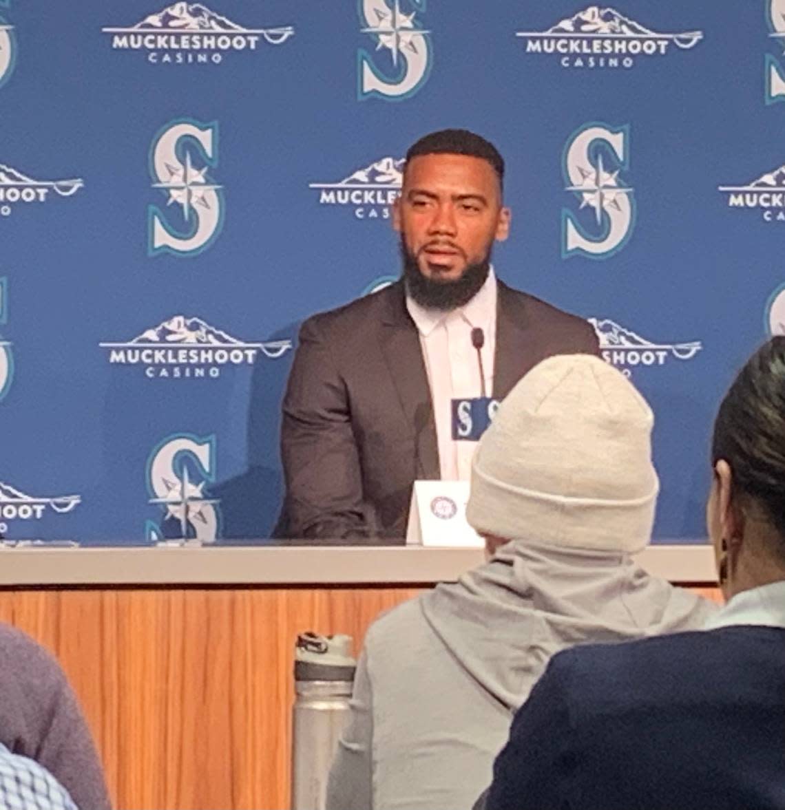 Teoscar Hernandez speaking at the Mariners’ pre-spring-training event at T-Mobile Park in Seattle on Wednesday, Feb. 1, 2023. The Mariners traded with Toronto to get the All-Star outfielder this offseason.