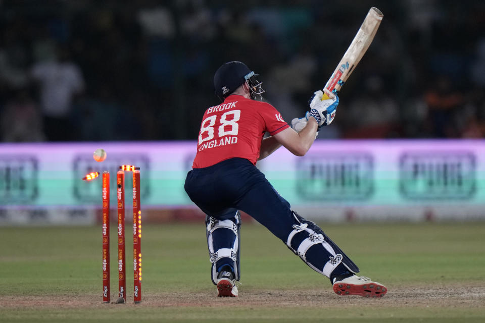 England's Harry Brook is bowled out by Pakistan's Haris Rauf during the second T20 cricket match between Pakistan and England, in Karachi, Pakistan, Thursday, Sept. 22, 2022. (AP Photo/Anjum Naveed)