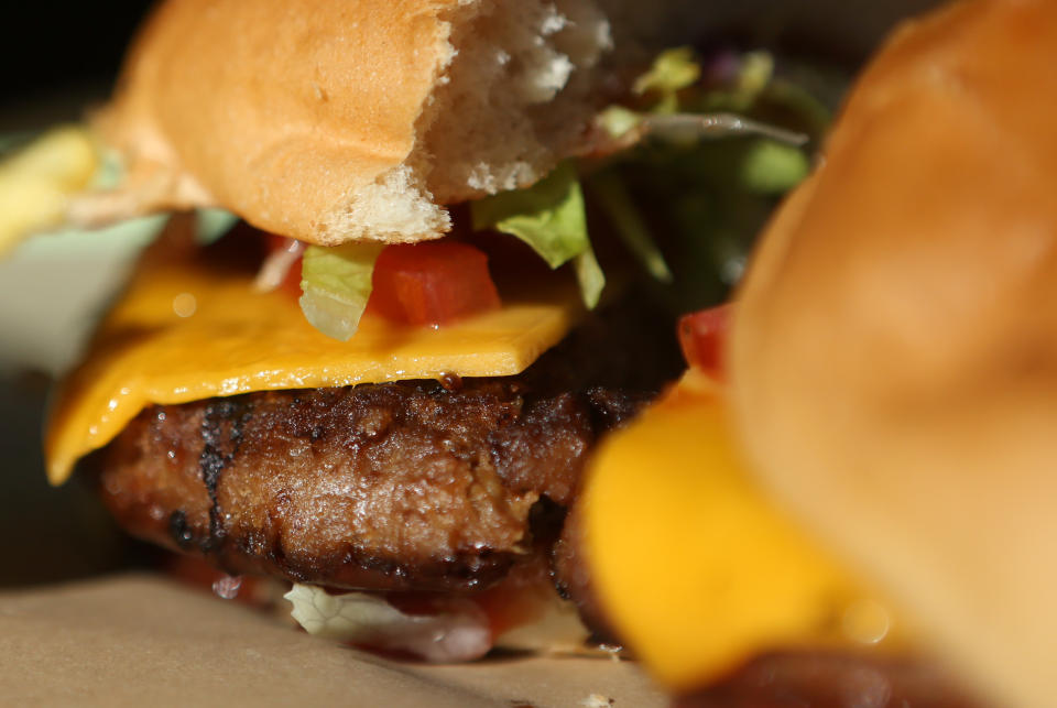 BERLIN, GERMANY - MAY 18: A Beyond Burger, a vegan veggie burger, is seen at the Vedang fast food restaurant in the Mall of Berlin on May 18, 2019 in Berlin, Germany. With fast food chains such as McDonald’s, Burger King, Chick-Fil-A, Taco Bell and Dunkin’ Donuts now offering ‘fake meat’ versions of their main meal options, the vegan burger industry is booming, as consumers look beyond real meat products out of health and environmental concerns. Beyond Burgers, made from pea protein, and Impossible Burgers, made from wheat protein, coconut oil, potato protein, and heme, the protein that makes the burgers convincingly taste like meat, are now being distributed globally as interest in such products grows.  (Photo by Adam Berry/Getty Images)