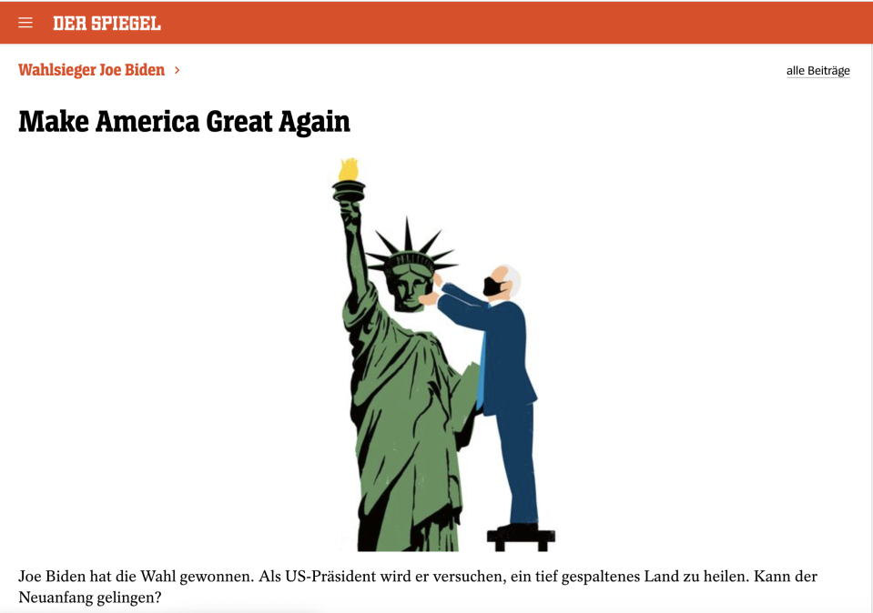 Der Spiegel's online front page on Saturday 7 November says 'Joe biden has won the election. As US president he will try to heal a deeply divided country. Can the new beginning succeed?' Credit: Der Spiegel