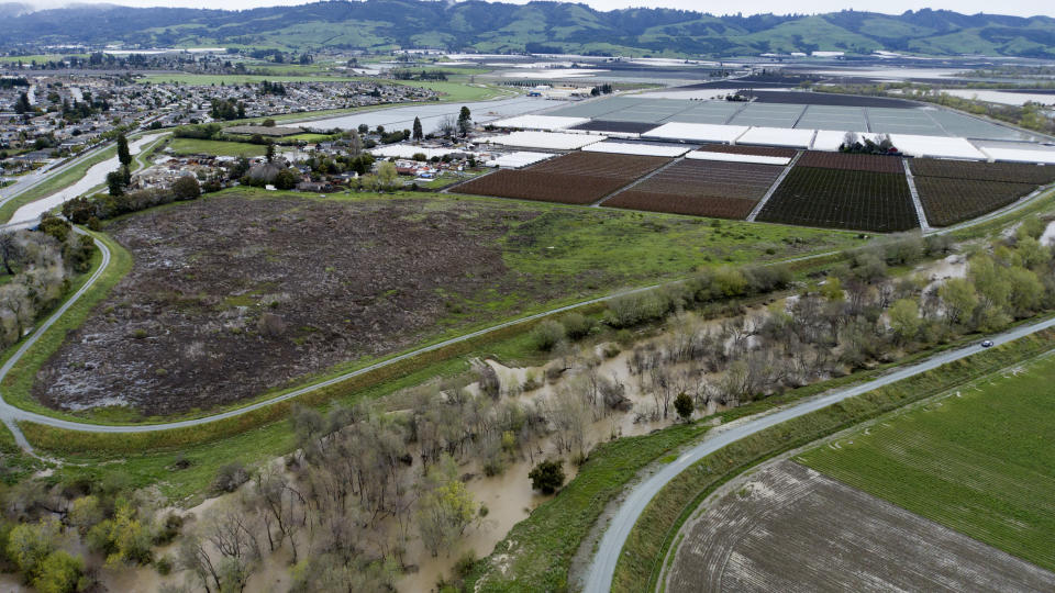 This photo provided by the California Strawberry Commission shows a flooded Pajaro River area in Pajaro, Calif. on Tuesday, March 14, 2023. California's strawberry farms have been hit hard by this year's winter storms. Industry experts estimate about a fifth of strawberry farms in the Watsonville and Salinas areas have been flooded since a levee ruptured last week and another river overflowed. (California Strawberry Commission via AP)