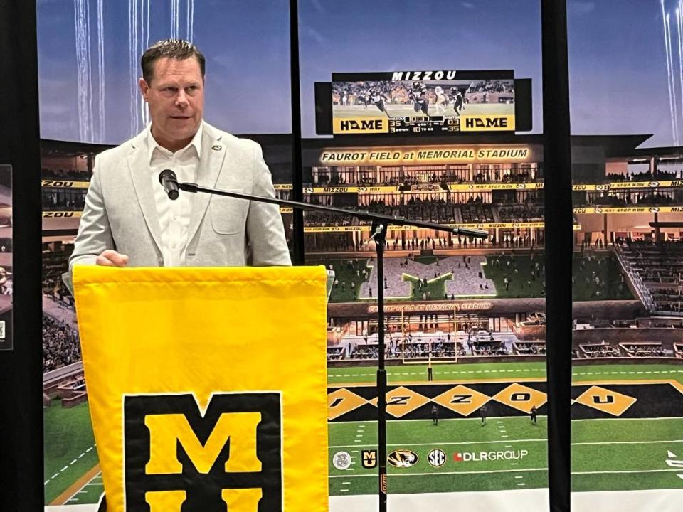 Missouri athletic director Laird Veatch speaks to the university’s $250 million Memorial Stadium improvements, unanimously approved by the University of Missouri Board of Curators on Thursday in Kansas City.