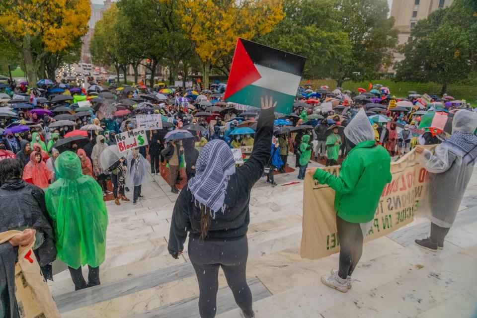 Several hundred people turned out for the "All Out for Palestine" rally and march at the Rhode Island State House on Saturday.