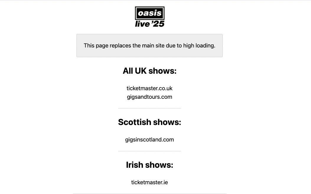 Oasis's website has been replaced with a page which tells visitors: 'This page replaces the main site due to high loading'