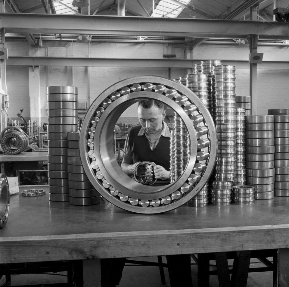 A scene from an SKF ball-bearing plant, photographed soon after World War II. <em>Photo by Walter Nurnberg/SSPL/Getty Images</em>