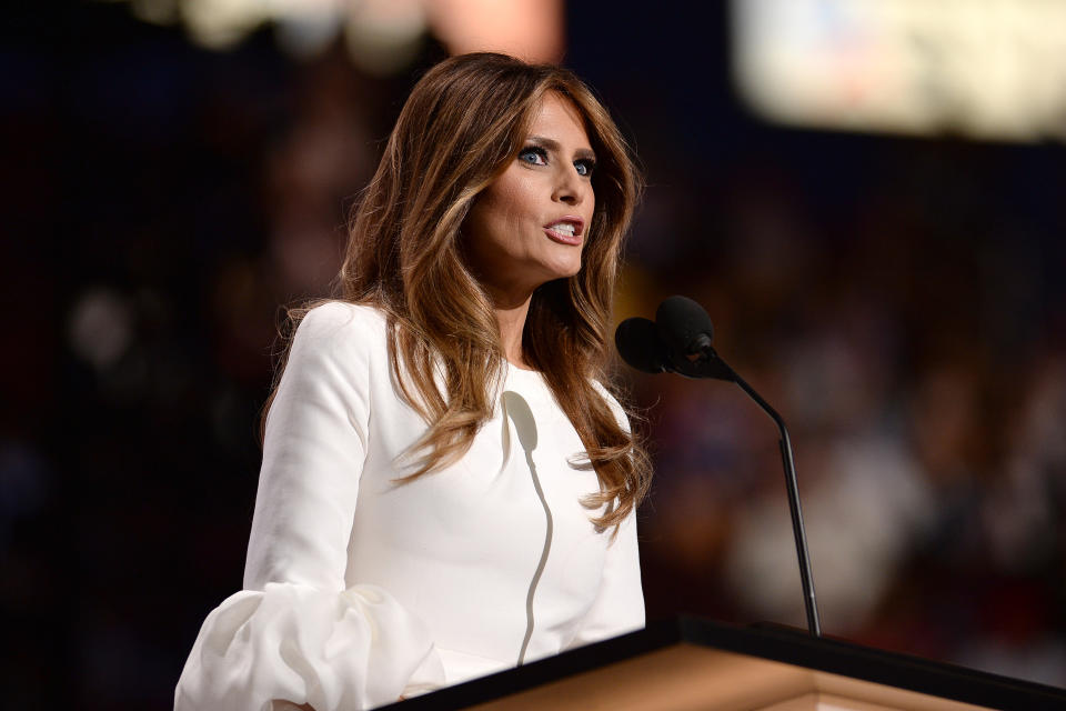 Melania Trump, wife of Presumptive Republican presidential nominee Donald Trump, addresses delegates on the opening day of the Republican National Convention at the Quicken Loans Arena in Cleveland, OH, on July 18, 2016. (Photo by Anthony Behar) *** Please Use Credit from Credit Field ***