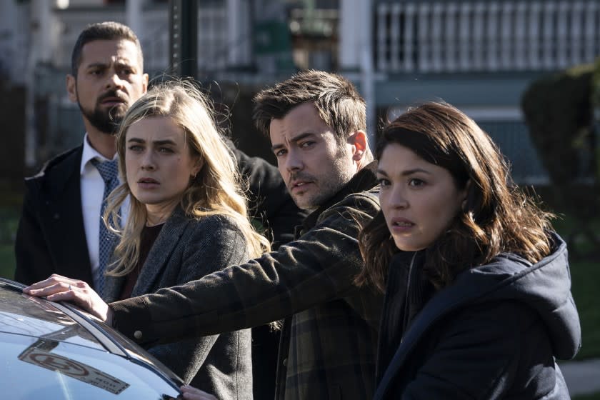 J.R. Ramirez, left, Melissa Roxburgh, Matt Long and Ellen Tamaki inf "Manifest" on NBC.