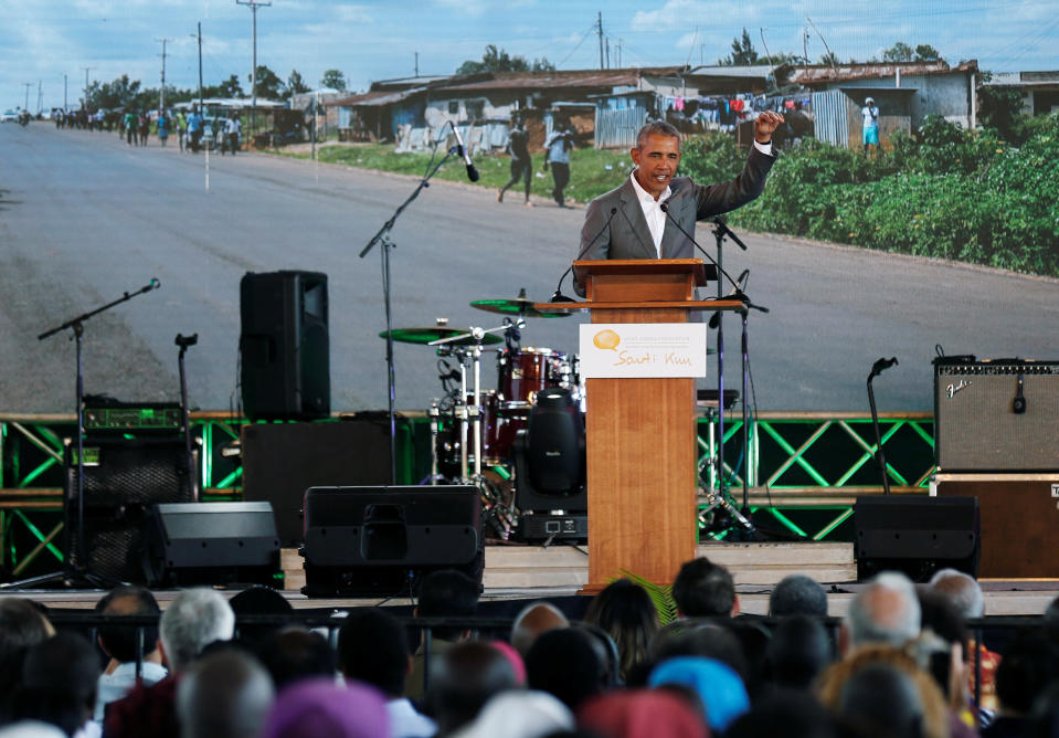 <p>Former U.S. President Barack Obama addresses delegates during the launch of Sauti Kuu resource centre near his ancestral home in Nyangoma Kogelo village in Siaya county, Kenya July 16, 2018. (Photo: Thomas Mukoya/Reuters) </p>