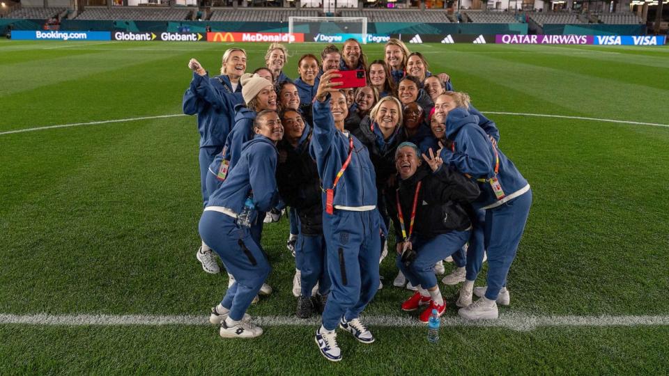 PHOTO: Sophia Smith of the United States takes a selfie with the team during USWNT Stadium Familiarization at Eden Park on July 21, 2023, in Auckland, New Zealand, ahead of the World Cup. (Brad Smith/Getty Images for USSF)