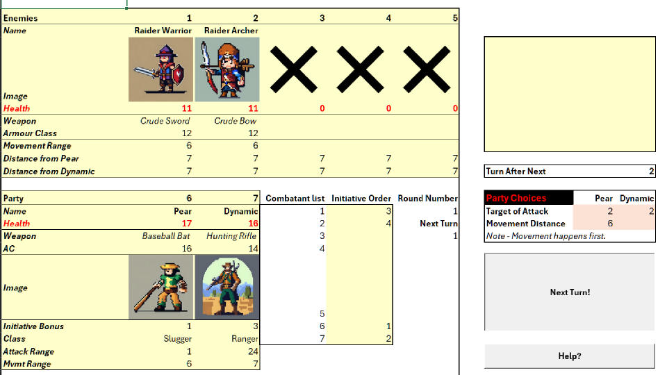 A battle screen in a Microsoft Excel based post-apocalyptic RPG