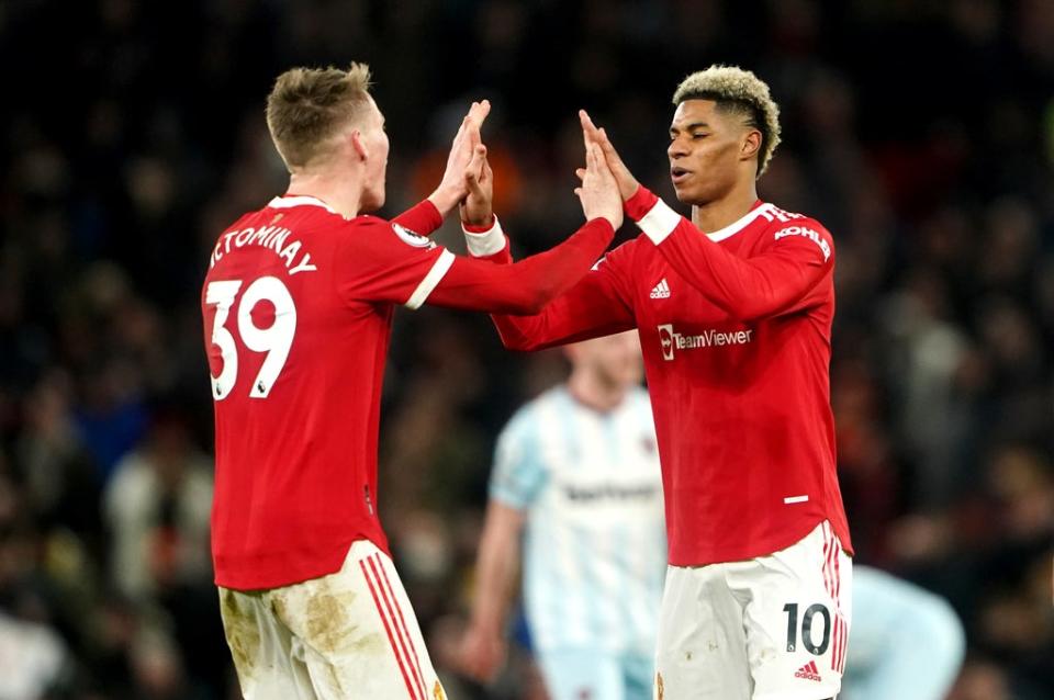 Manchester United’s Scott McTominay and Marcus Rashford celebrate (Zac Goodwin/PA) (PA Wire)