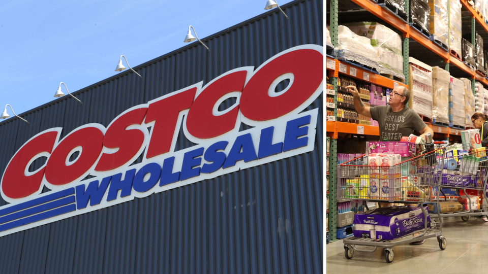 A composite image of Costco sign and shoppers.