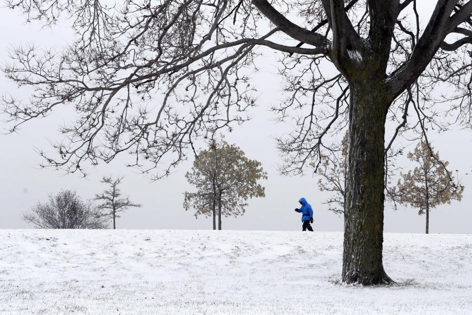 A lone hiker navigates the 31st street beach bike trail in a stiff wind and blowing snow off Lake Michigan, Monday, Nov. 11, 2019, in Chicago. (AP Photo/Charles Rex Arbogast)