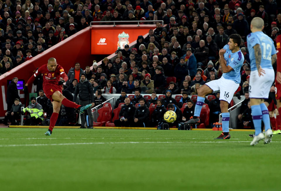 LIVERPOOL, ENGLAND - NOVEMBER 10: (THE SUN ON OUT, THE SUN ON SUNDAY OUT)  Fabinho  of Liverpool  scores the opener during the Premier League match between Liverpool FC and Manchester City at Anfield on November 10, 2019 in Liverpool, United Kingdom. (Photo by John Powell/Liverpool FC via Getty Images)