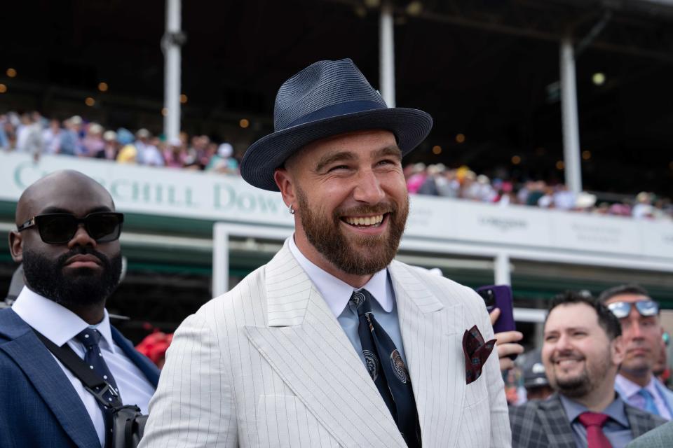 Kansas City Chiefs tight end Travis Kelce cheers on Lord Bullingdon and Noted in the ninth race of the 150th Kentucky Derby day at Churchill Downs on Saturday, May 4, 2024.