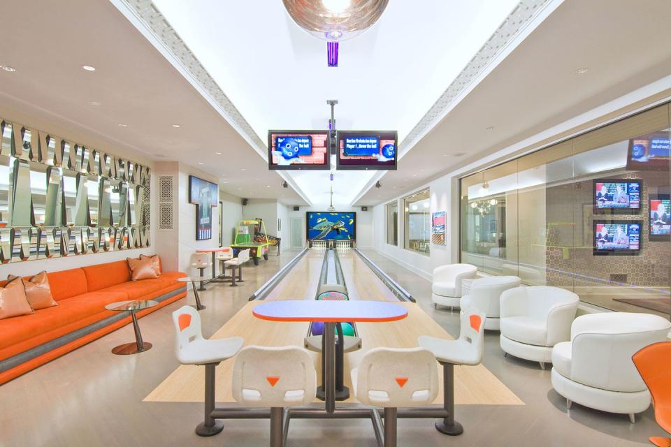 The 17,000-square-foot mansion includes a number of unique amenities, like this bowling alley.