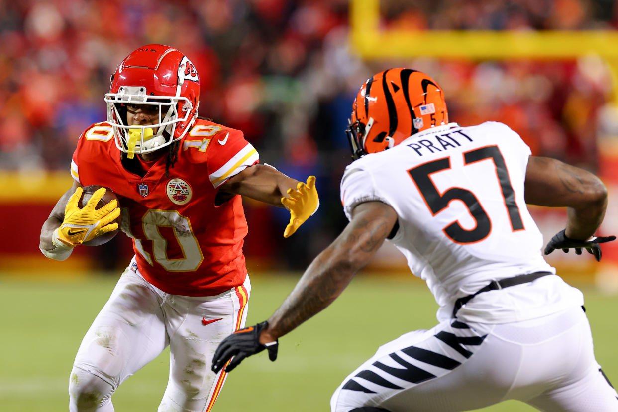 The Kansas City Chiefs drafted running back Isiah Pacheco (10) in the seventh round, and he's been a key contributor in the playoffs as a rookie. (Photo by Kevin C. Cox/Getty Images)