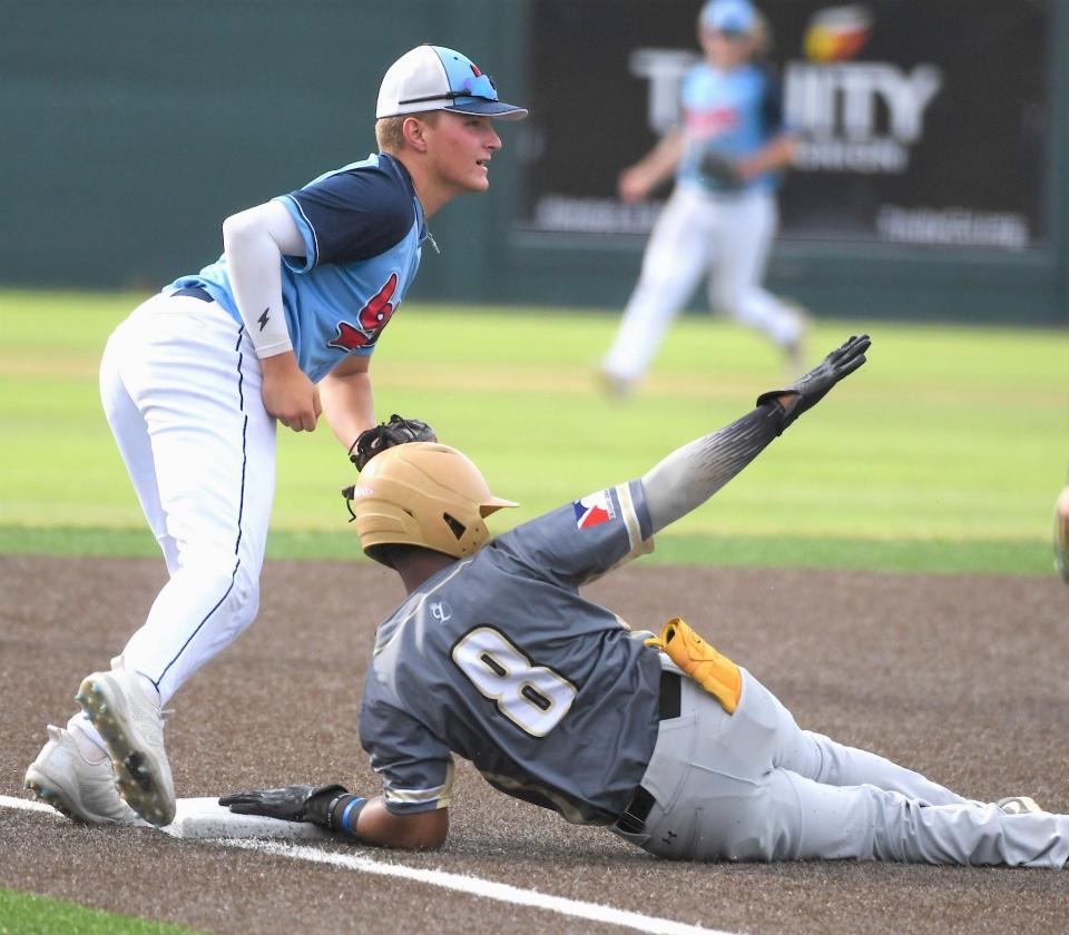 Bartlesville Doenges Ford Indian infielder Jace Thompson, left, records a tag during 19-U baseball play on June 10, 2023 vs. the Midwest Moos at Doenges Stadium.