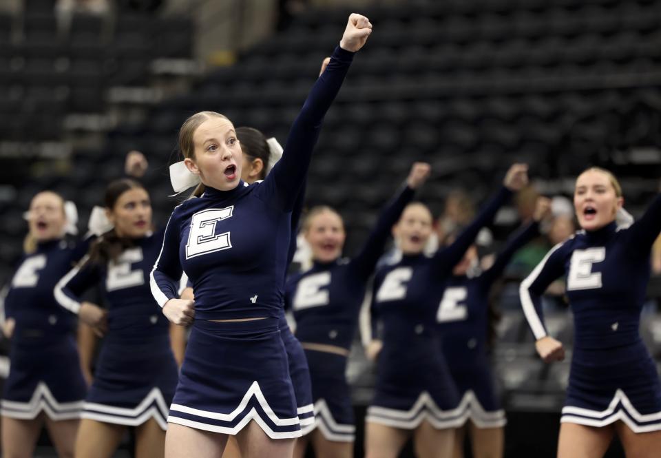 Enterprise High School competes in the cheer category at the Competitive Cheer Tournament at the UCCU Center at Utah Valley University in Orem on Thursday, Jan. 25, 2023. | Laura Seitz, Deseret News